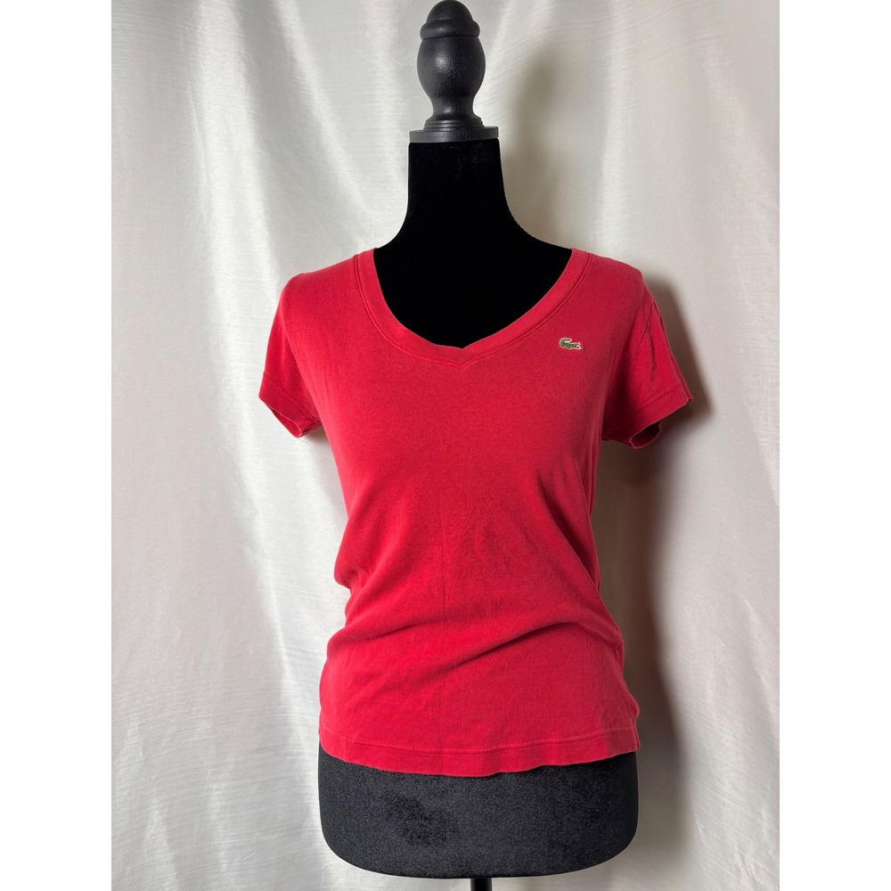 Lacoste V-Neck T-Shirt Womens 40 Red Fair Vintage Y2K Sporty Short Sleeve Tee